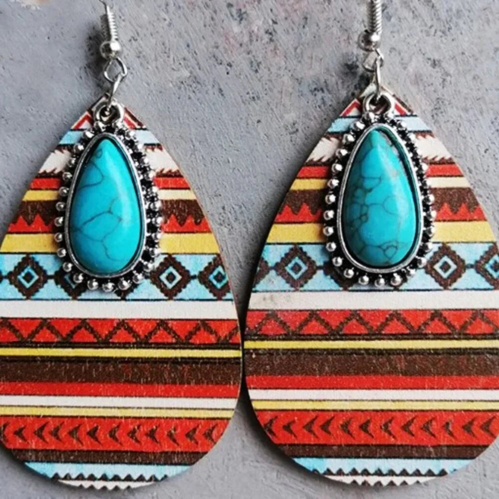 2 Pairs! Turquoise Pendant Aztec Western Design Wooden Waterdrop Earrings